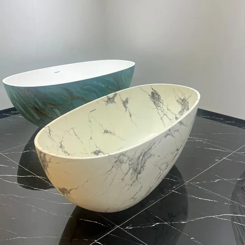 

Modern Luxury Detached Bathroom Bathtub Marble Textured Cultured Artificial Stone Air Massage Immersion Functional Drain