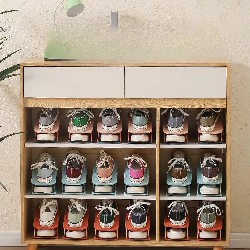 1pc Double Layer Plastic Shoe Rack Saves Space, Color Blocked Cabinet Stores Items, and The Bottom of Has