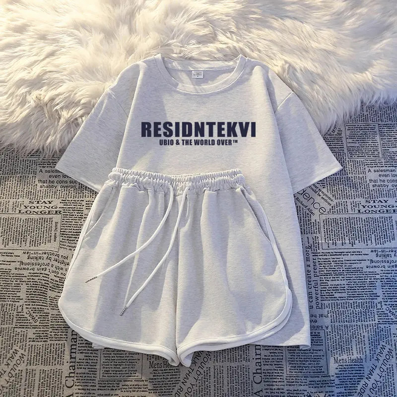 Femme Summer Korean Fashion Printing Solid Color Sports Suit Trend Women Clothing Lazy Wind Appear Thin Letter Two-piece Set Top