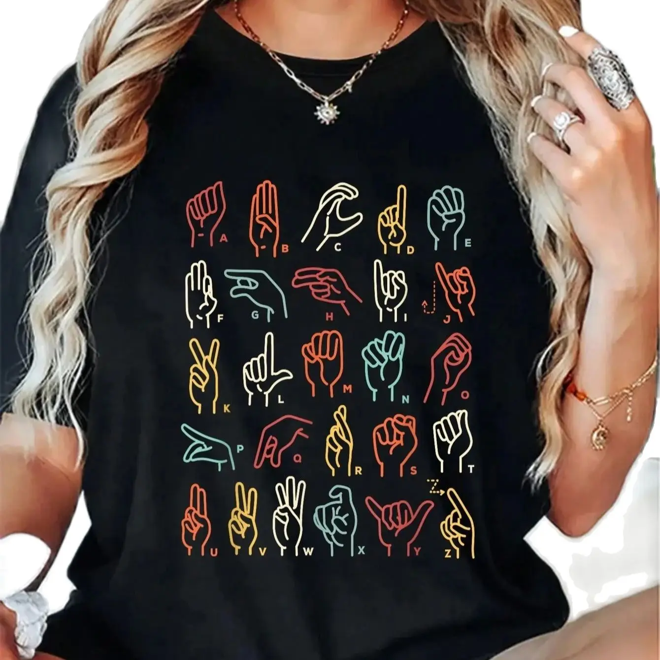 ABC Sign Language Chart Teacher Hand Letter Alphabet ASL T-Shirt Casual Short Sleeve Shirt Summer Cotton Ladies Clothes Y2k Tops
