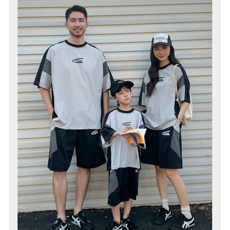 

Summer American Vintage Color Block T-shirt Family Matching 3P Oversized Short Sleeve Sportswear for Mom Dad Kids Casual Outfits