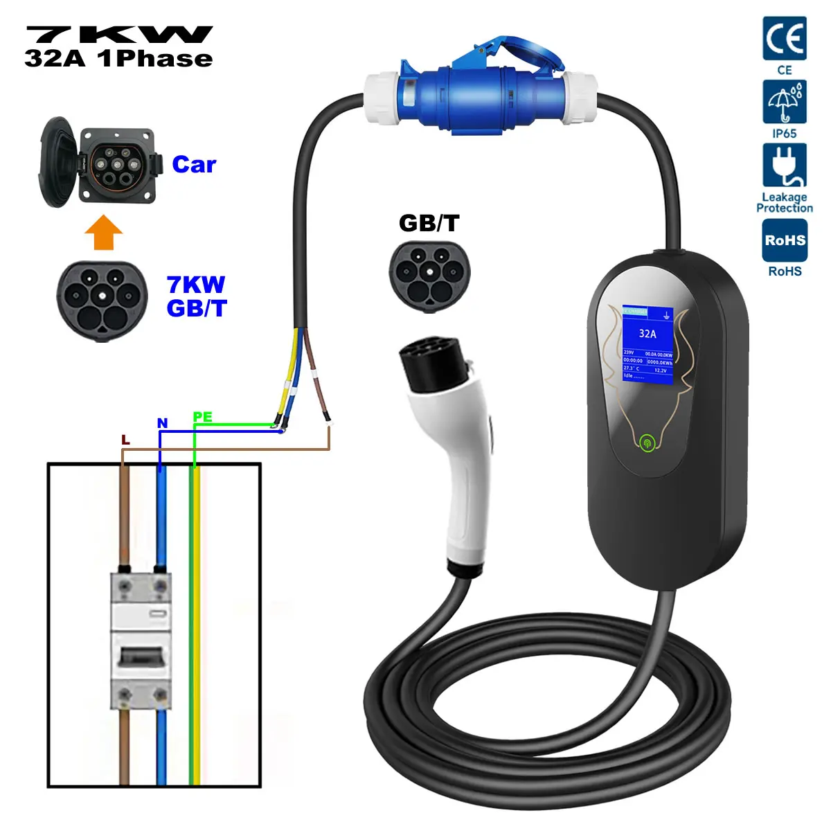 7KW GB/T EV Charger 5m Car Charging Cable box Home Fast Electric Vehicle Charger with Charging Adapter gbt Charger Electric Car