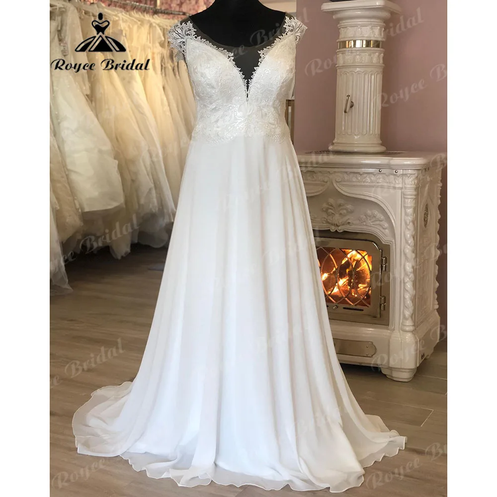 Gelinlik renda Bodice sifon Cap lengan gaun pernikahan untuk wanita 2024 gaun pengantin ilusi kembali vestido de casamento Roycebridal