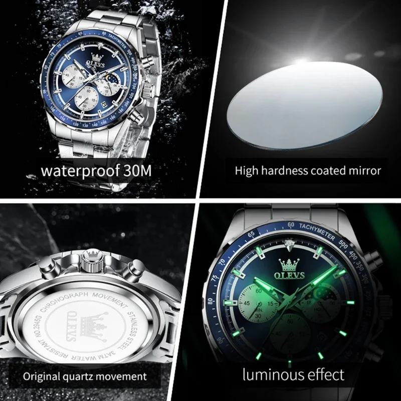 OLEVS 2945 reloj de cuarzo para hombre, cronógrafo de fase lunar luminosa de alta calidad, reloj de pulsera de moda resistente al agua de acero inoxidable