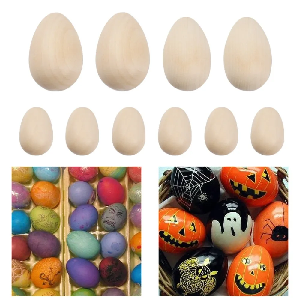 10PCS Easter Decoration DIY Natural Wood Simulation Eggs Smooth Surface Graffiti Easter Egg Unfinished Fake Eggs Kindergarten