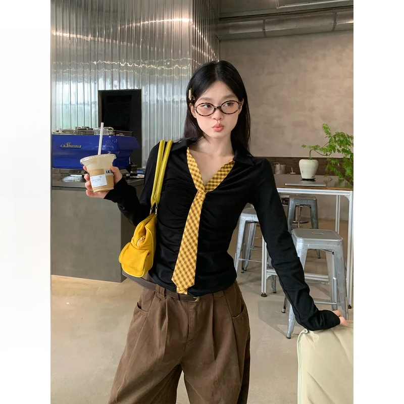 

Bla Base irt Sli Commute Sle Korean Version Slim Fit Creative Pattern Cotton Polyester Fiber Long Sve V-Ne T-S...