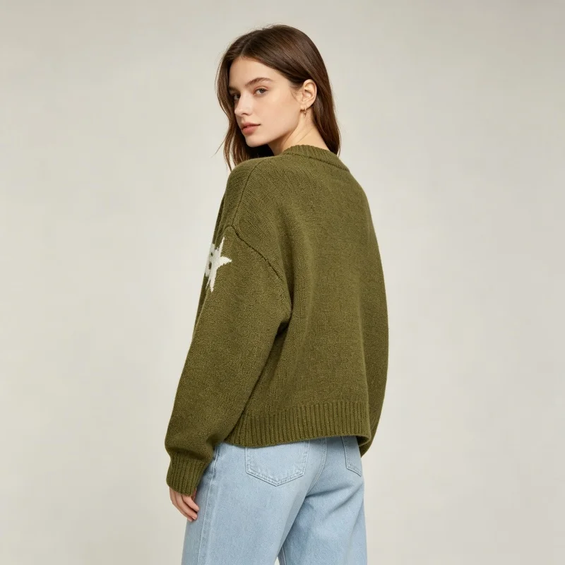 Unisex Crew Neck Knit Sweater Star Letter Jacquard Graphic Loose Oversized Long Sleeve Streetwear Pullover Jumper
