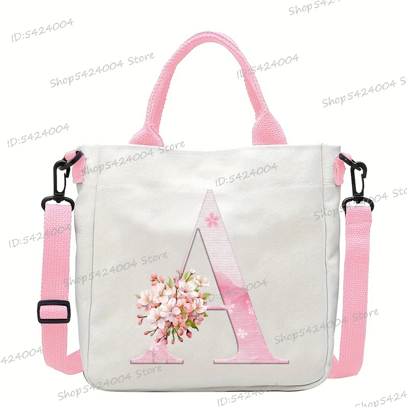Cherry Blossom Alphabet Women's Shoulder Bag Boys Girls Fashion Flower Letter Sakura Tote Bag Canvas Handbag Y2K Crossbody Bag