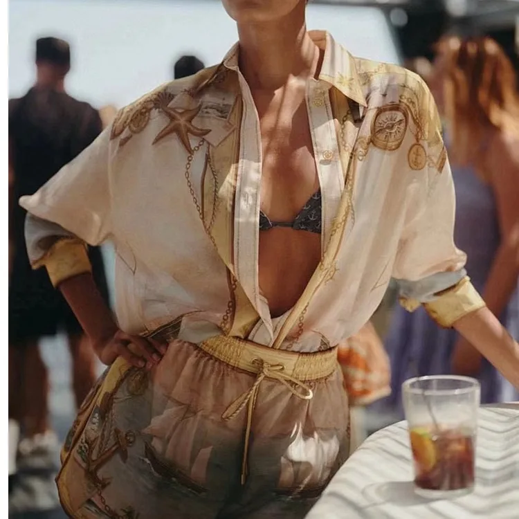 

2025 Autumn Luxury Boyfriend Sle Long Sve Nautical Print irt orts Set Casual Two-Piece Women's Faion Ensemble