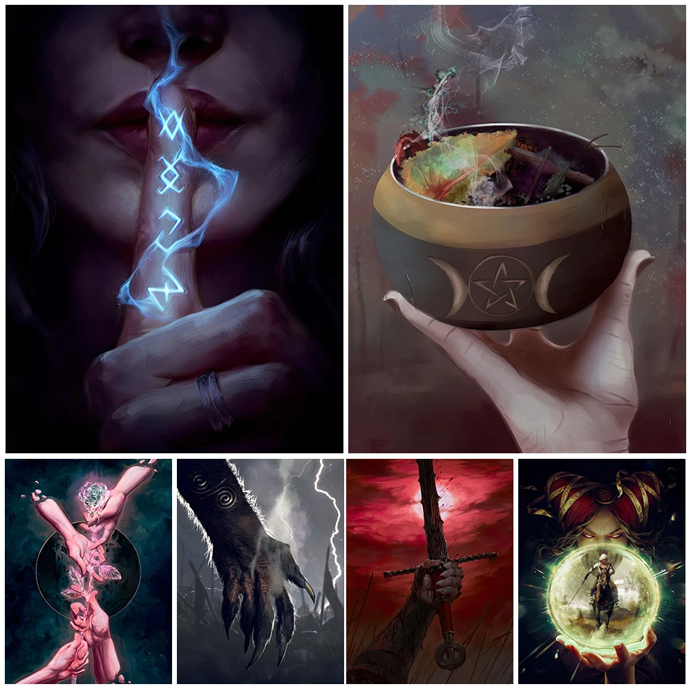 

Mantra Of Silence And Herbal Witchcraft Vintage Wall Art Canvas Painting Mysterious Magic Hand Wicca Element Poster Print Decor