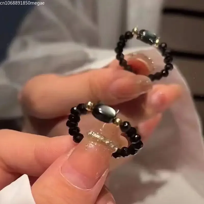 2/1PCS Moonstone Obsidian Rings Minimalist Beads Shell Cat Finger Ring Free Size Accessories for Women Cute Black White
