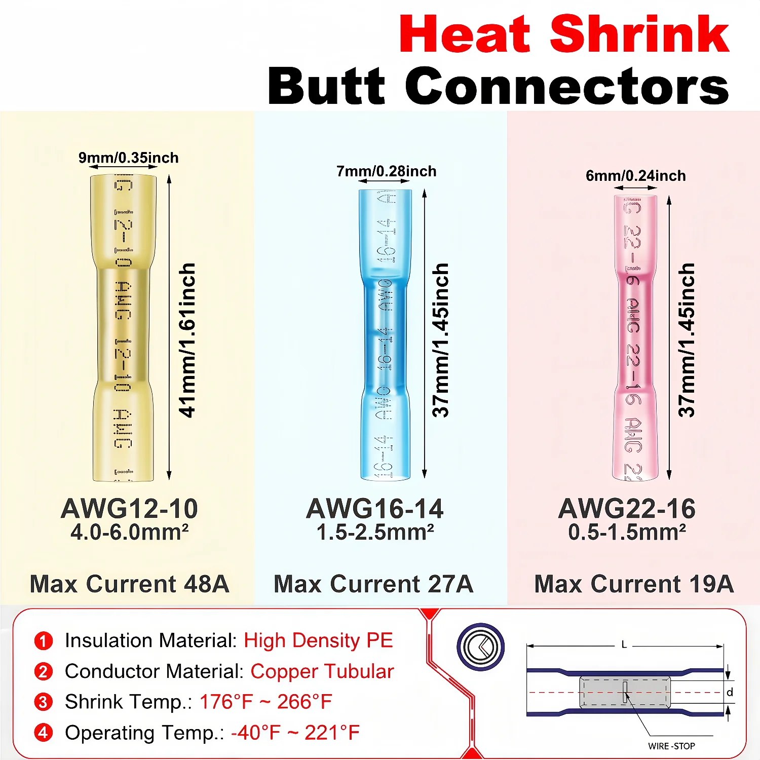 60Pcs Heat Shrink Butt Connectors - Waterproof Electrical Connectors Tinned Copper Wire Splice Terminals for Marine Automotive