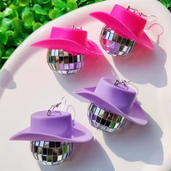 KUGUYS Hot Pink Cowboy Hat Disco Ball Mirror Earrings for Women Silver Color Vintage Fashion Party Jewelry