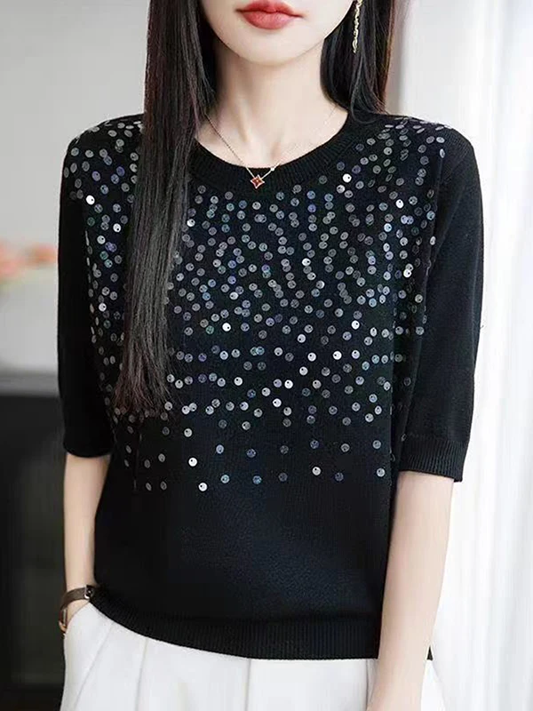 

Heavyweight Shiny round Neck Knitwear Women's Ice Silk Short Sleeve Loose Slimming Commute Style Soft Fabric Casual Fashion Top