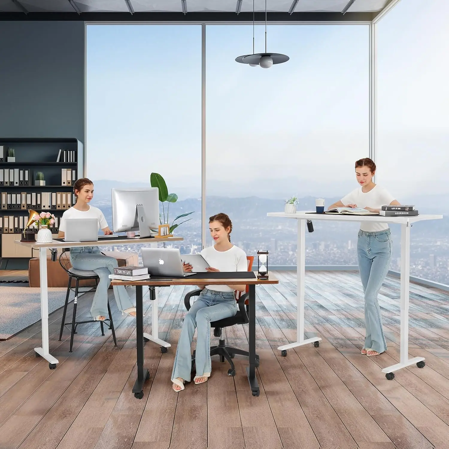 전동 스탠딩 데스크, 바퀴가 달린 55x24인치 높이 조절 가능, 앉아서 일하는 책상, 충전 스테이션, USB 2개, 콘센트 3개, 검정색