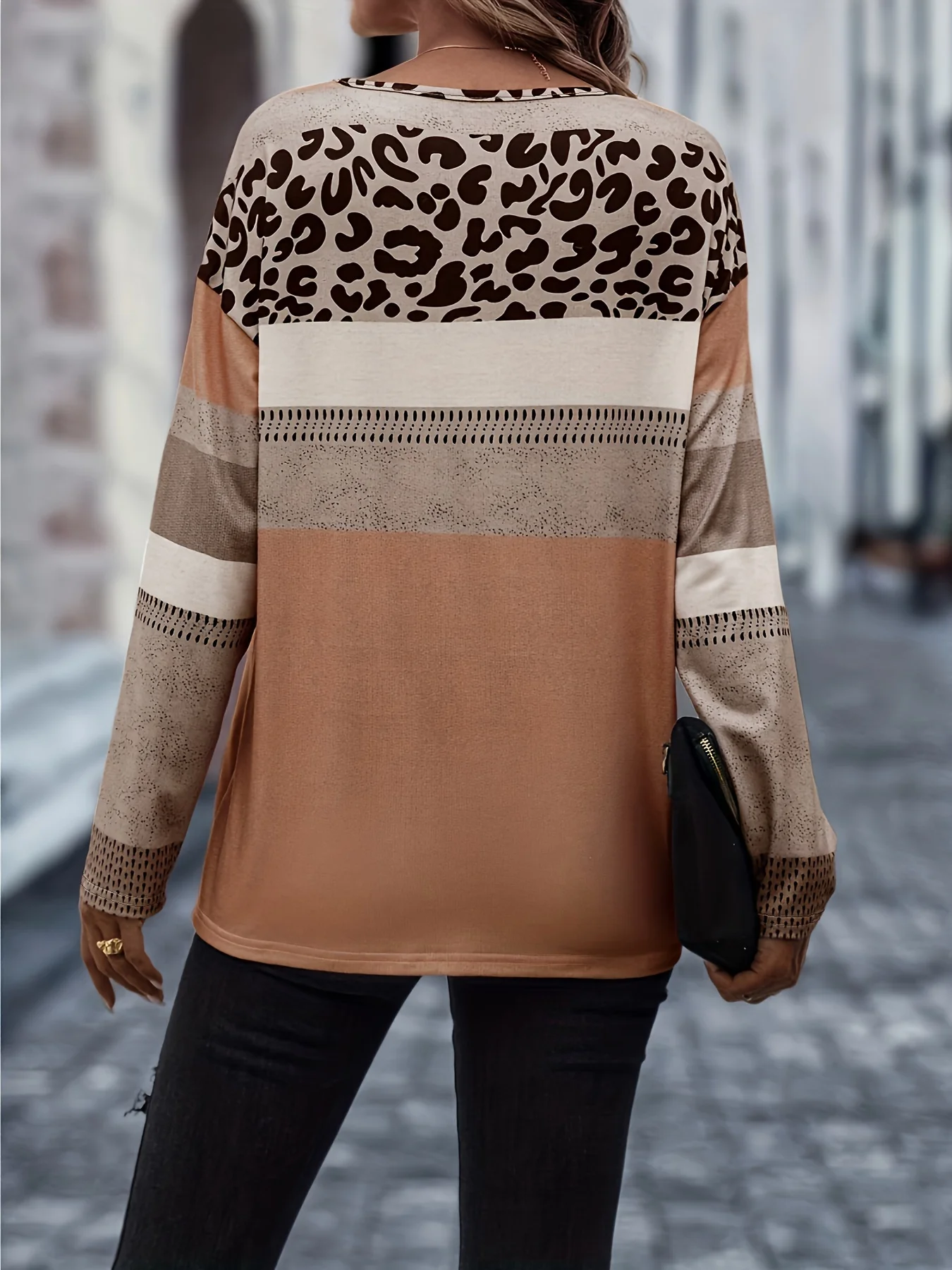 Plus Size Casual T-shirt Women\'s Plus Colorblock Leopard Print Long Sleeve Round Neck Slight Stretch T-shirt