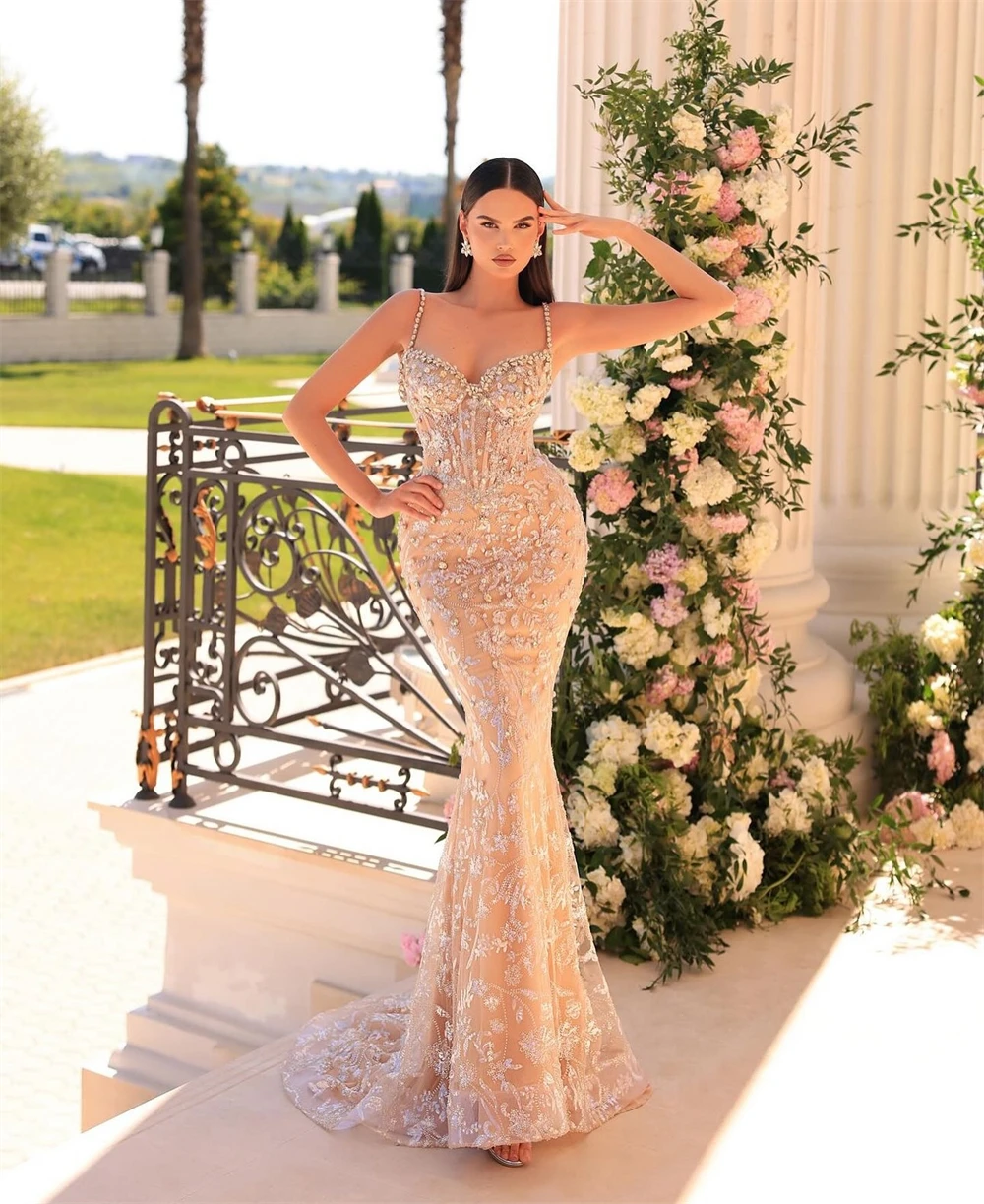 Customized Luxury Mermaid Evening Dress Sparkly V-Neck Crystal Prom Dresses Classic Sweep Train Sleeveles Special Occasion Gowns