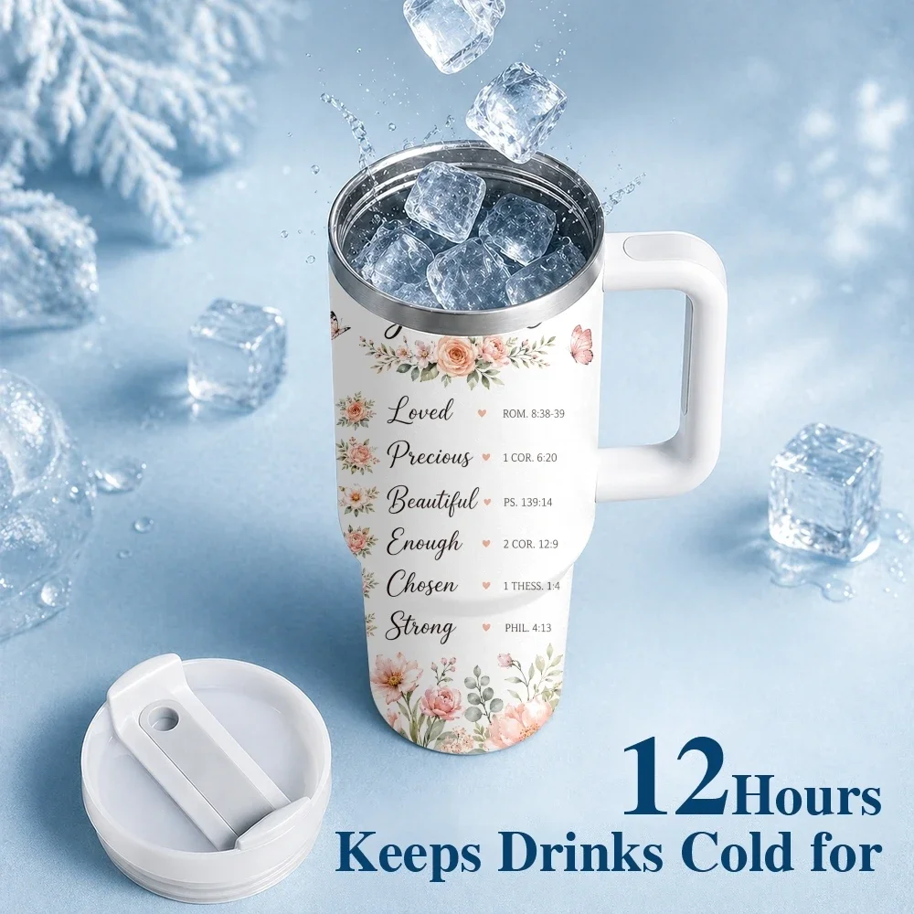 Encouraging Women Christian Words Flower Vacuum Flasks 40oz Stainless Steel Insulated Tumbler Handle Straw Leakproof Travel Mug