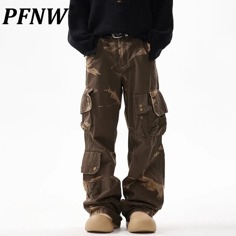 

PFNW Tie Dye Gradient Multi Pocket Design Cargo Male Pants American Street Loose Casual Men Trendy Straight Trousers New 28W4397