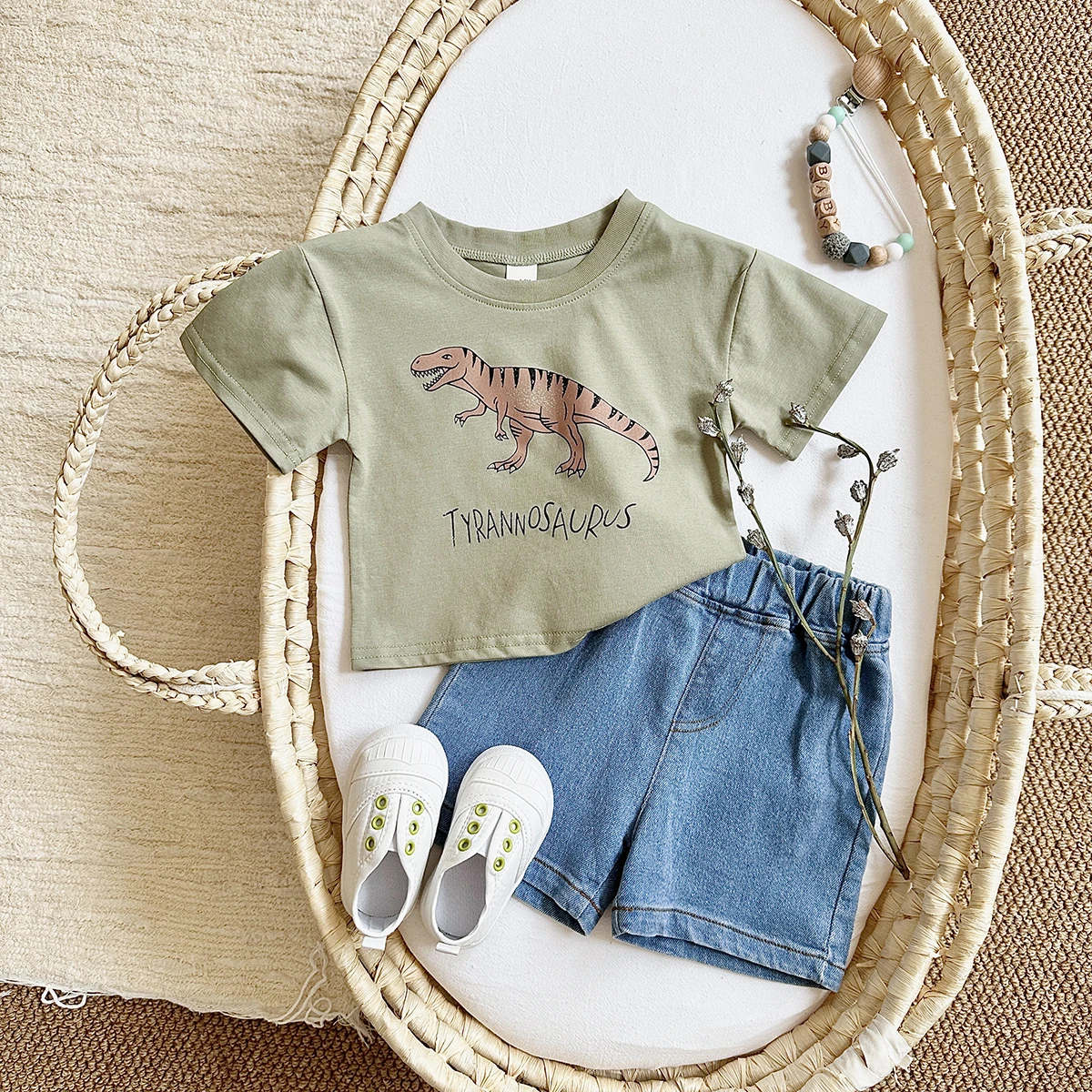 Baby Boy Clothes Set Dinosaur Print Cotton Short Sleeved T-shirt +Denim Shorts Girls Clothes 0-3Years Children Summer Suit