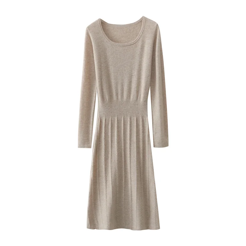 

Женский свитер из 100% мериносовой шерсти, осень-зима, длинные платья с U-образным вырезом, трикотаж, пуловер до середины икры, женская одежда
