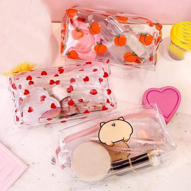 Klar Make-Up Tasche Mode Transparent Reise Tragbare Mini Waschen Lagerung Taschen Erdbeere Blume Druck Frauen Zipper Kosmetik Tasche