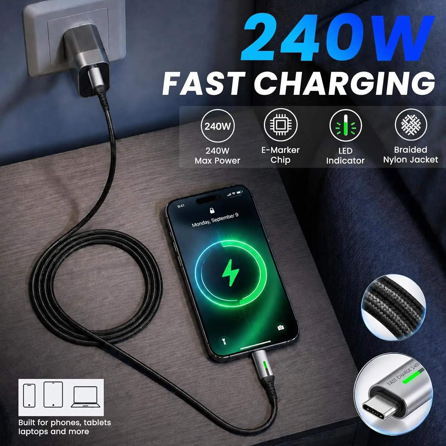 USB Type C To USB C Cable USB-C PD 240W Fast Charging Charger Wire Cord For iPhone Macbook Samsung Xiaomi Type-C USBC Cable 1/2M