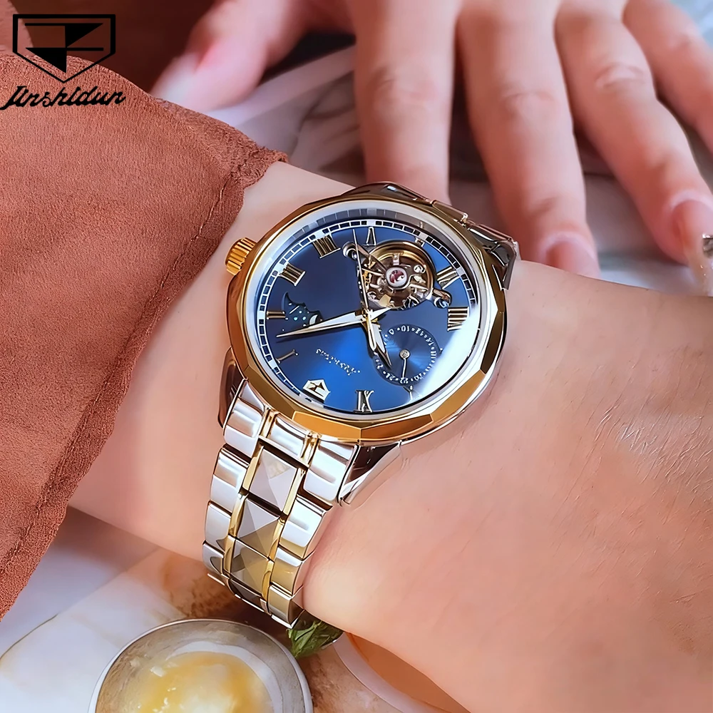 

JSDUN женские часы, роскошные элегантные оригинальные автоматические механические наручные часы из вольфрамовой стали для женщин, водонепроницаемые, с датой фазы Луны