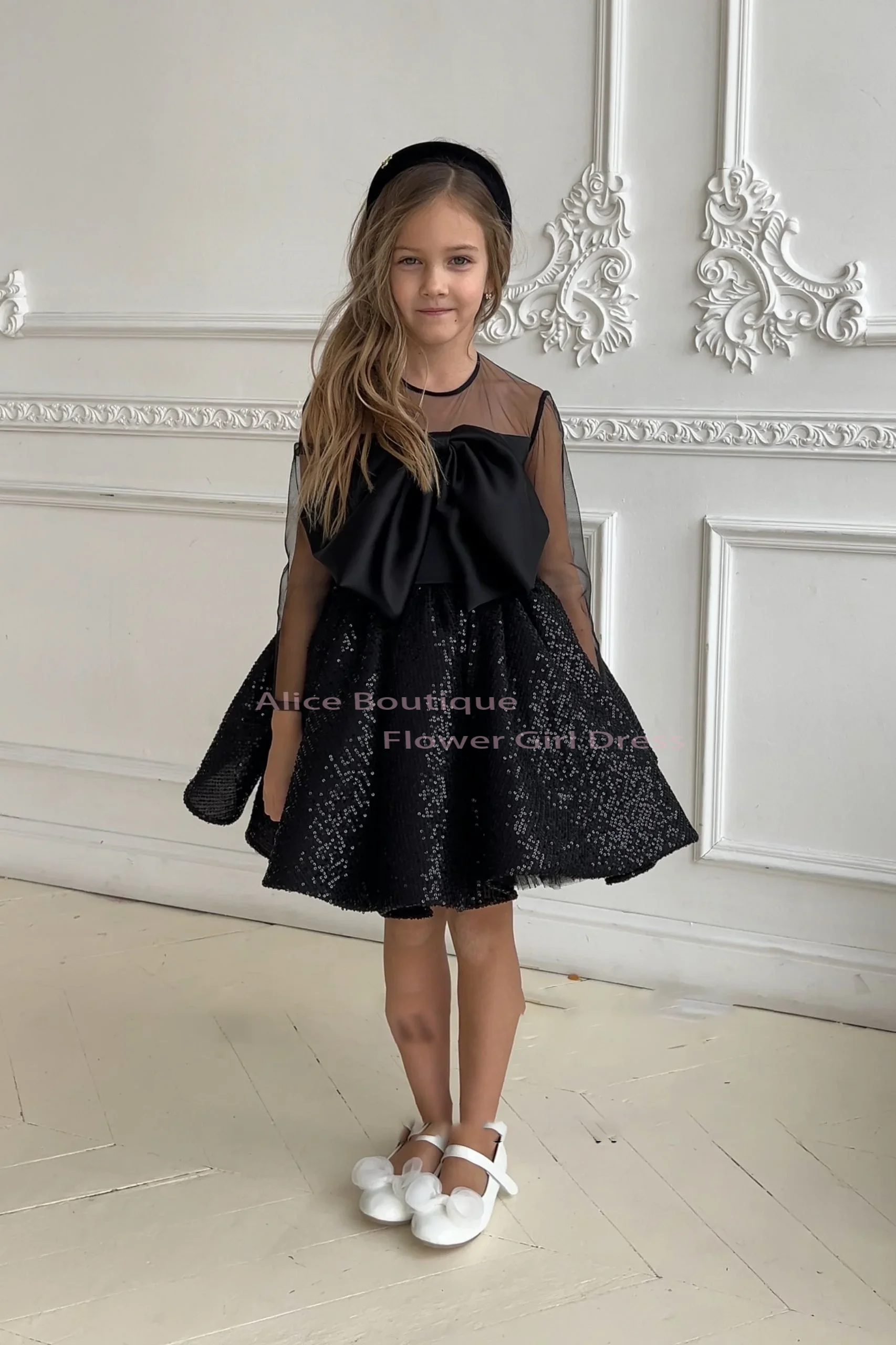 Shiny Black Flower Girl Dress O-Neck Long Sleeves Knee Length Big Bow Dress Kids First Communion Birthday Party Gown Customizedi