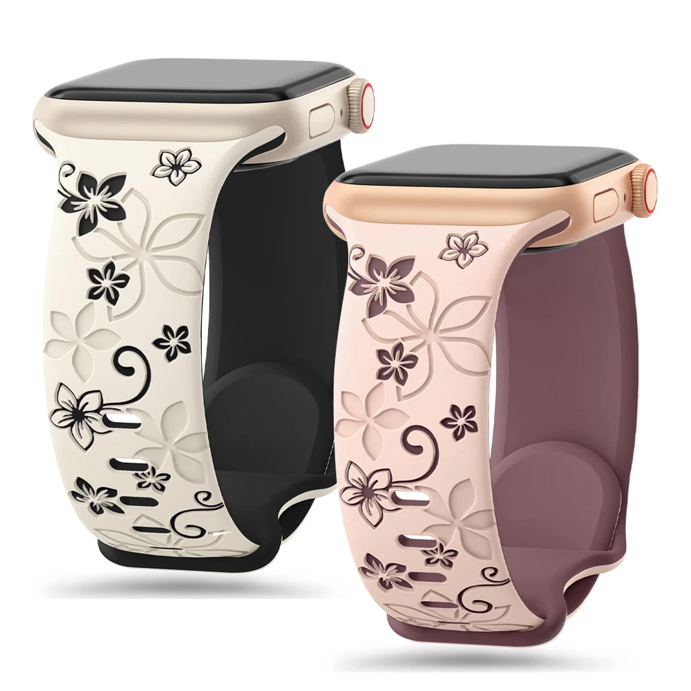 Engraved flower Strap For Apple Watch Band 45 44 42 41 40 44 mm Silicone Correa Bracelet iWatch Series 11 10 9 8 7 SE 6 5 Ultra
