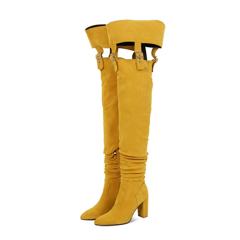 

New Metal Buckle Hollowed Out Women Over Knee Boots European American Night Club Stage Show Side Zipper 8.5cm Heel Boots Size 43