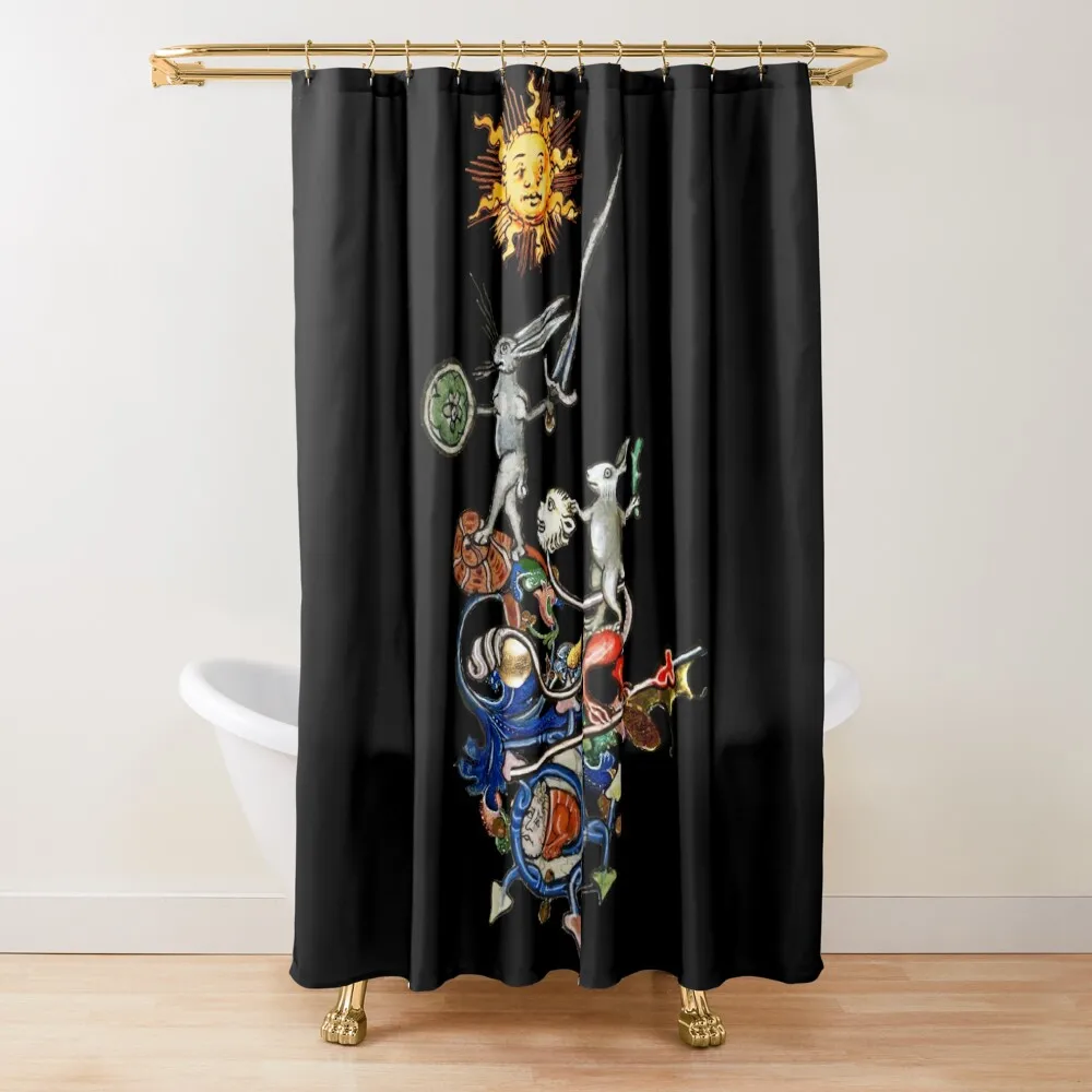 

WEIRD MEDIEVAL BESTIARY Killer Rabbits Riding Monster With Sword and Shield in Black by Bulgan Lumini Shower Curtain