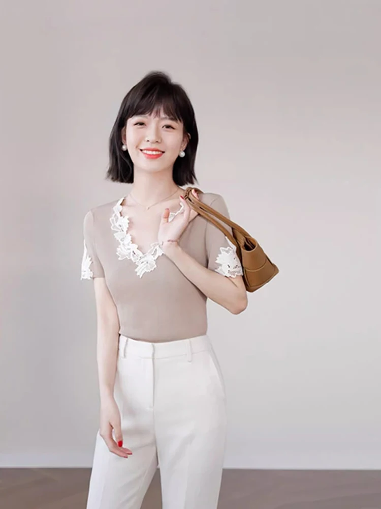 Ele Lace Trim Slim Fit Base irt Summer ort Sve Korean Sle Overhead Commute Gestrickte Casual Damen Top