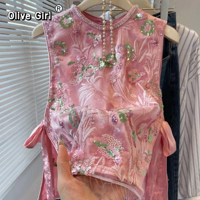 الزيتون فتاة الوردي الصينية التطريز سترة دون أكمام الدانتيل يصل الزهور سترة س الرقبة الترتر سترة معطف المرأة الجديدة تانك القمم الصيف #1