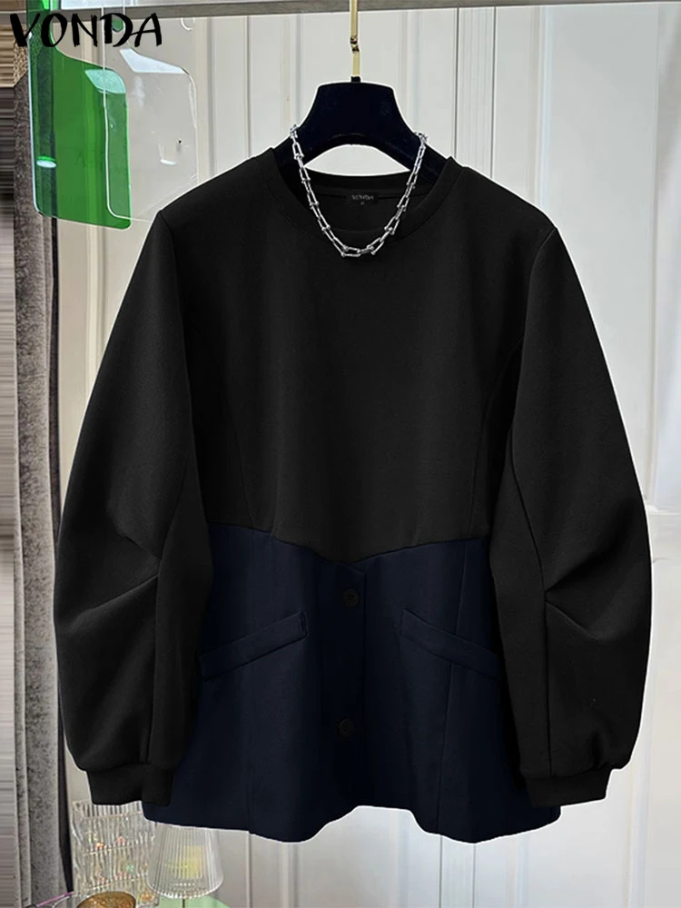 

2025 Women Pullovers Casual Round Neck Hoodies Spring Patchwork Contrasting Long Sleeve Sweatshirts Blouses Oversized VONDA