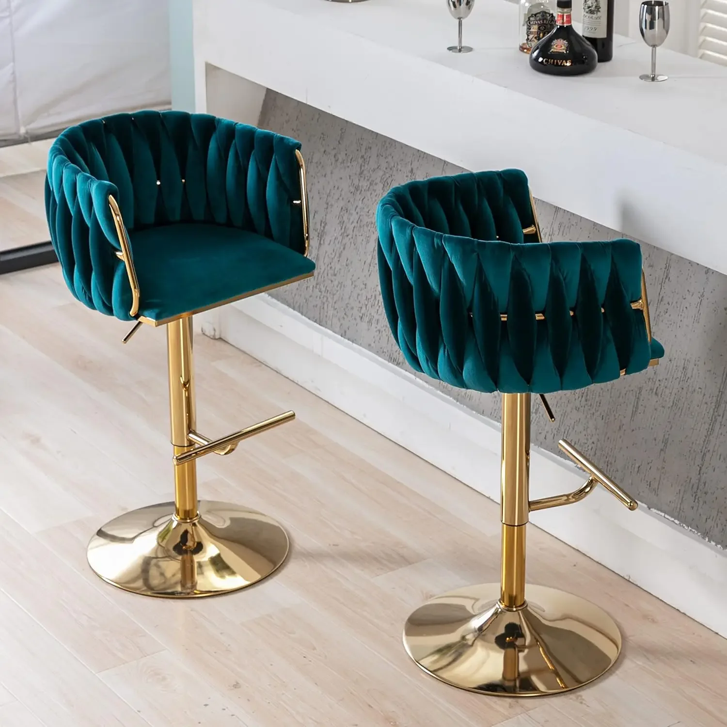 DUOMAY Modern Swivel Bar Stools Set of 2, Velvet Adjustable Height Barstool with Barrel Back Kitchen Island Counter Bar Chair wi