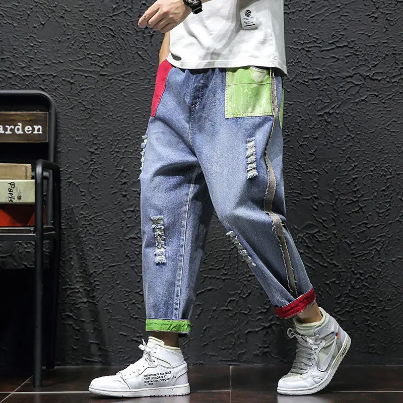 Spring Summer New Fashion Button Zipper Ankle Length Pants Man High Street Casual Loose Cotton Pocket Hole Patchwork Trousers