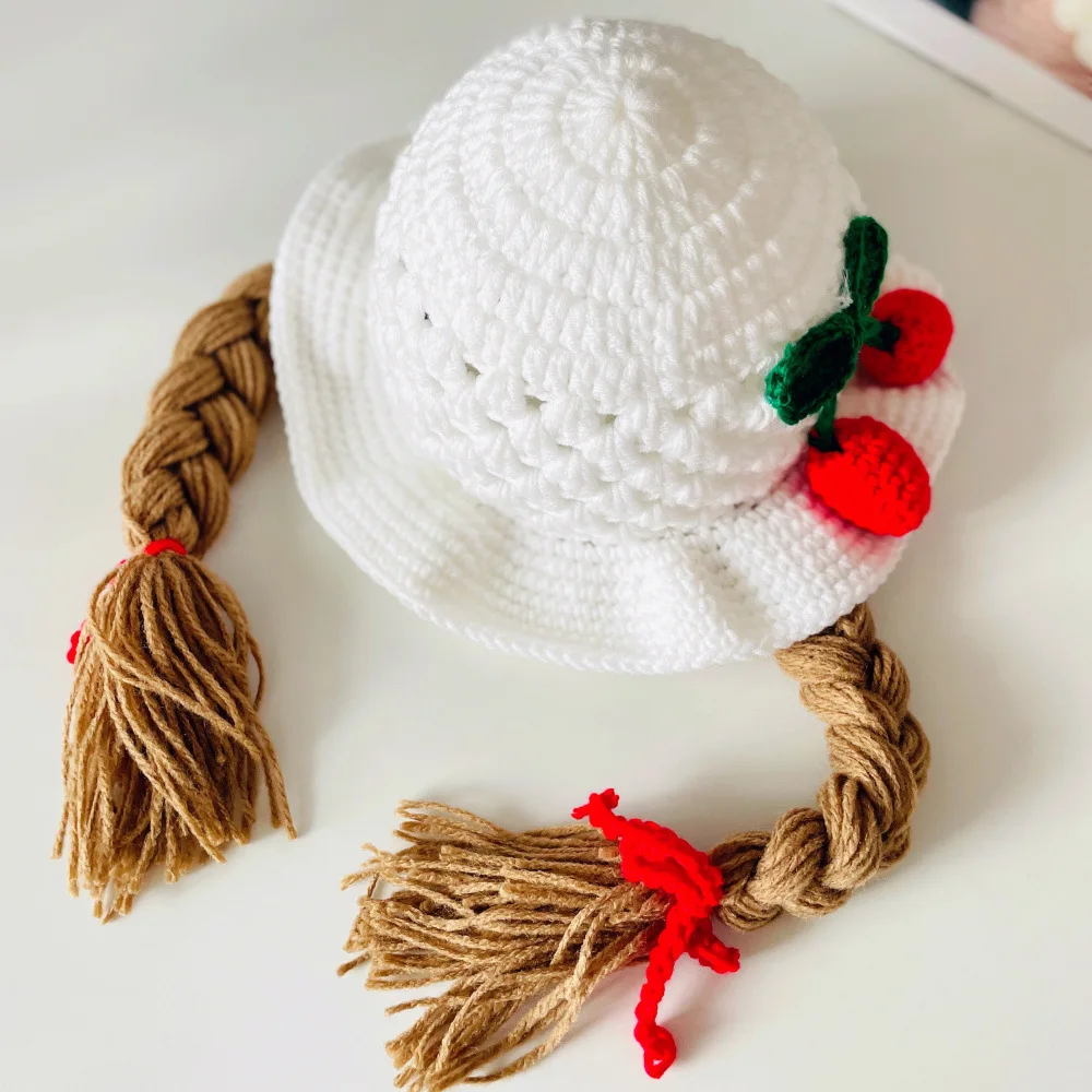 Cute Cherry Baby Girl Bucket Hat Pigtail Braid Wig Toddler Cap Winter Infant Crochet Knitted Children Hats and Caps for Girls