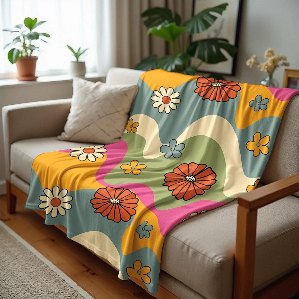 Retro Daisy Wave Lightweight Microfiber Soft Christmas Fleece Blanket Warm Cozy Throw for Bed Sofa Office Travel All Season