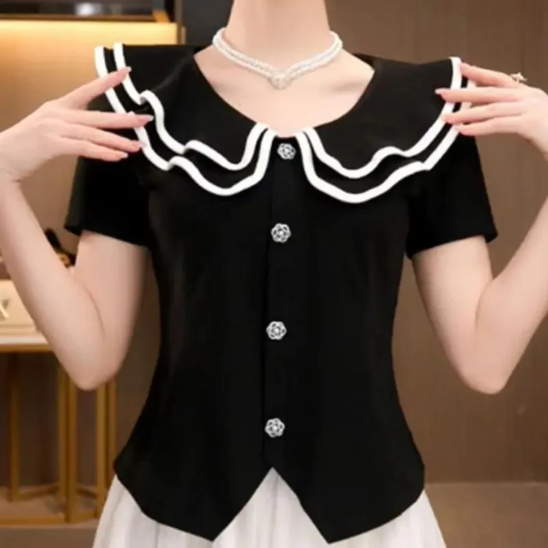 

Sweet Peter Pan Collar Button All-match Short Sleeve Blouses Female Clothing 2024 Summer New Loose Casual Tops Chic Blouses