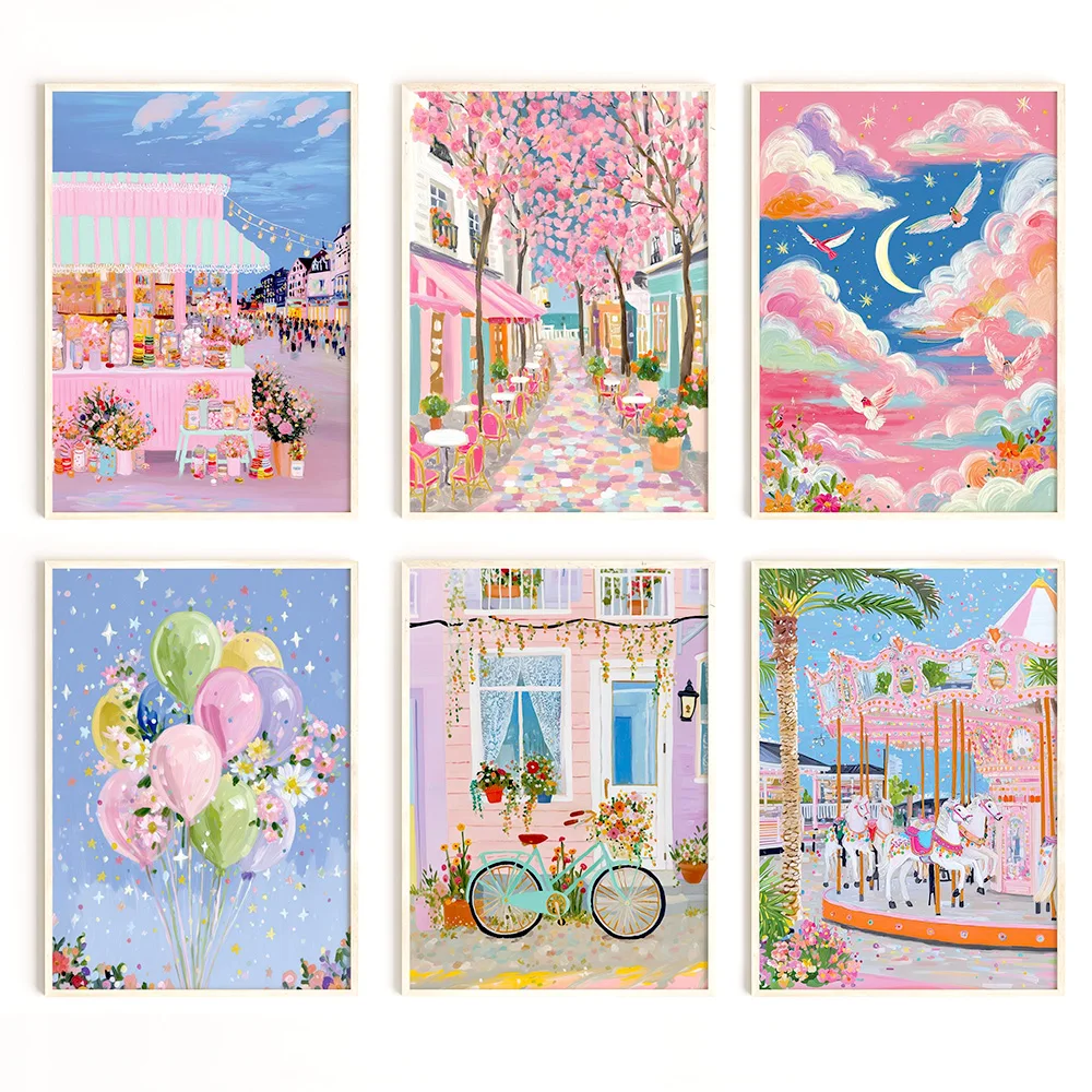 Nordic Style Pink Cherry Blossom Alley Carousel Art Posters Dreamy Street Scene Beautiful Canvas Painting Interior Home Decor
