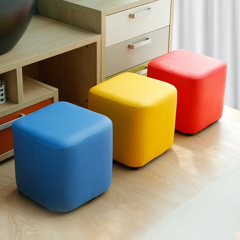 

Modern Creative Square Leather Stool Solid Wood Low Coffee Table Ottoman Fashionable Metal Frame for Living Room Bedroom Sofa