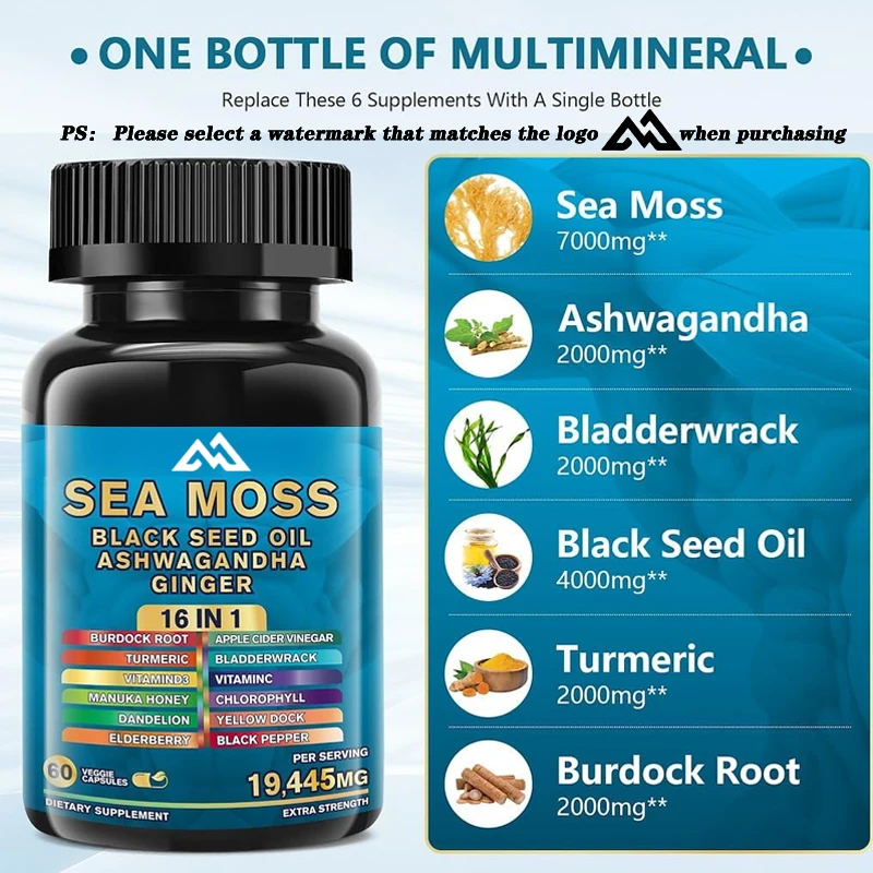 Seaweed capsules, multiple vitamins, black seed oil, South African drunk eggplant, turmeric, bladder, burdock, black pepper