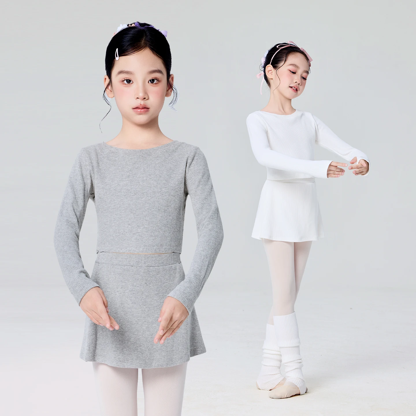 Girls Solid Color Dance Suit Children Long Sleeves Knit Pullovers with Skorts Kids O-neck Ballet Wear Sports Training Casual Set
