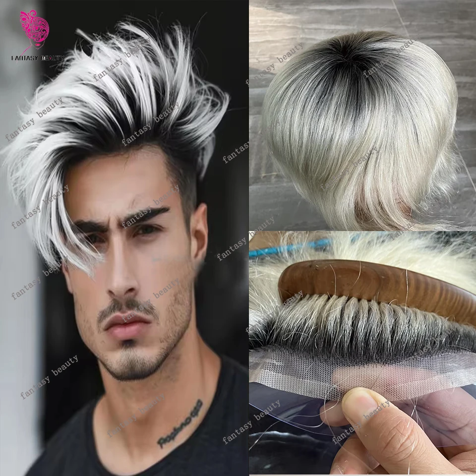 الجذر الأسود الطبيعي 1bt60R البلاتين شقراء 100% شعر الإنسان تنفس كامل السويسري HD الدانتيل رجل شعر مستعار Vloop دائم الجلد Pu شعر مستعار