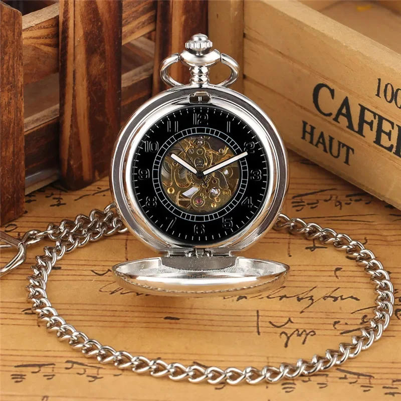 Retro Silver Hollow Phoenix Automatic Mechanical Self Wind Pocket Watch Arabic Number Dial Fob Pendant Chain Watches Clock Gift