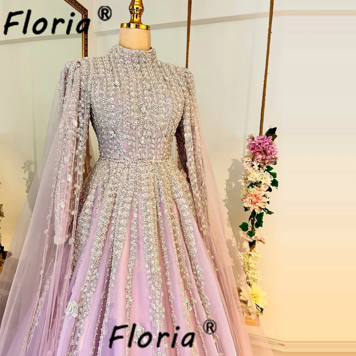 Muslim Dubai Woman Lilac Evening Dresses Heavy Beads Leaves Appliques 3D Long Sleeves A Line Formal Party Gown Wedding Dresses
