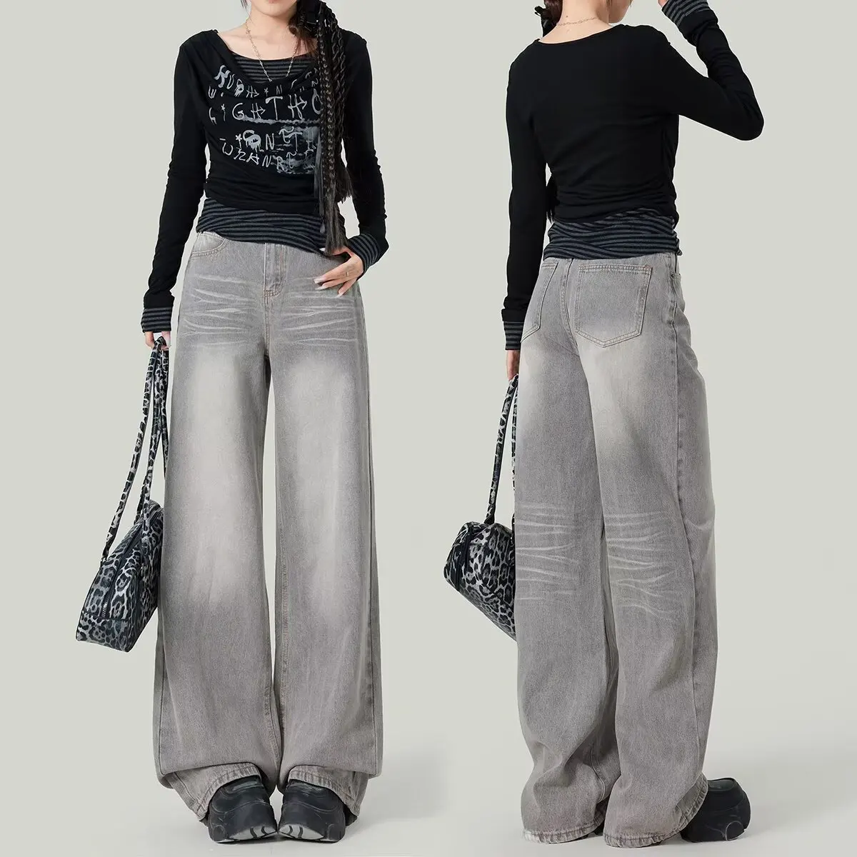 Amerikanische Retro-Jeans mit weitem Bein in Grau gewaschen für große Frauen, neue hoch taillierte, lockere Passform, schlankmachende Bodenhose mit geradem Bein