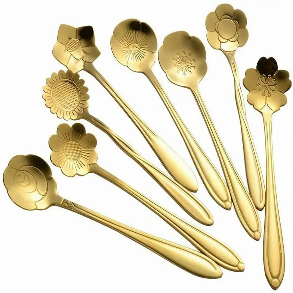 8PCS Stainless Steel Spoon Cherry Rose Gold Silver Scoop Coffee Spoon Teaspoons Kitchen Accessories Tableware Decoration