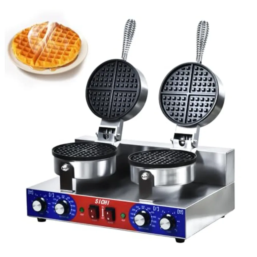 

Commercial waffle maker for restaurant use, stainless steel, black, dual 7 in non-stick pans, 550 max temperature, 2400W power,